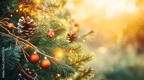 Christmas tree branches with a garland with sunlight.