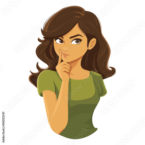 A woman is holding her index finger to her mouth