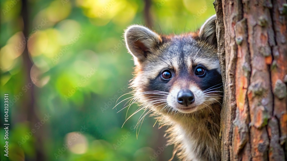 Curious raccoon peering out from behind a tree Curious raccoon peering out from behind a tree