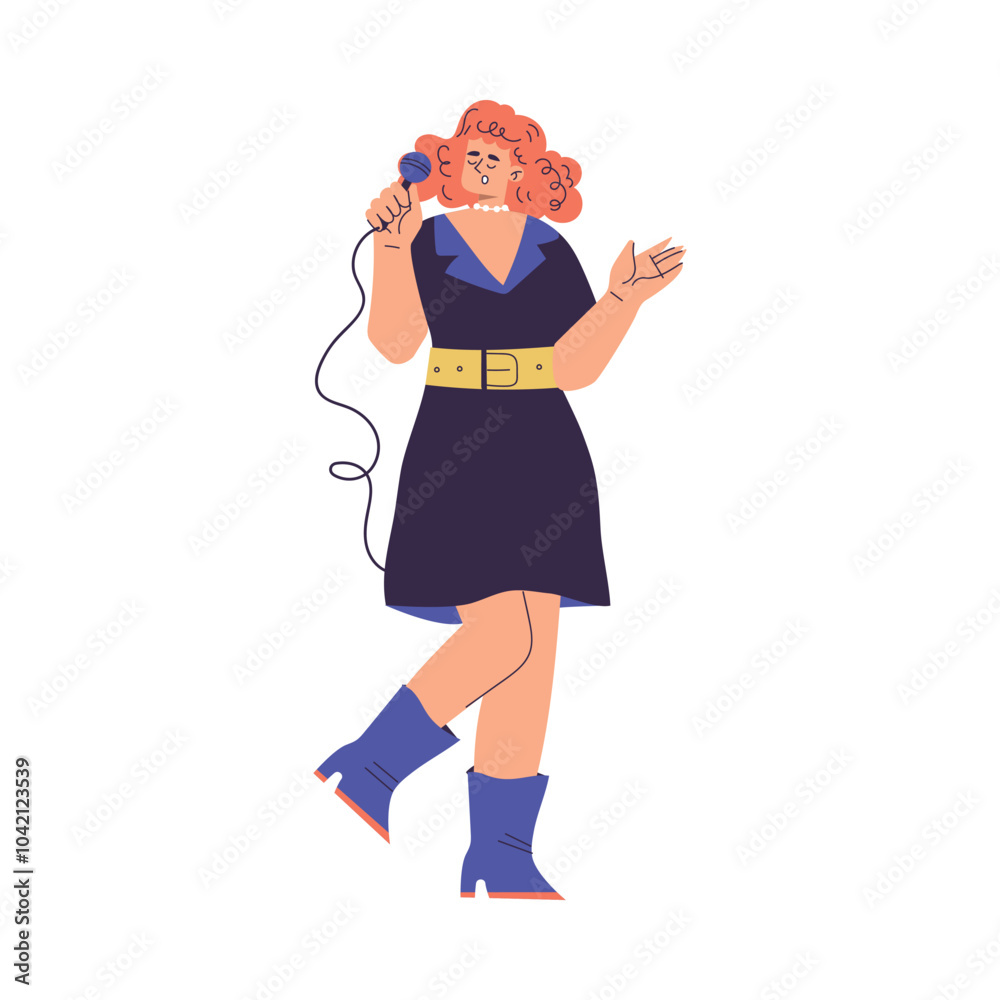 Woman Character Singing with Microphone Enjoy Karaoke Vector Illustration Woman Character Singing with Microphone Enjoy Karaoke Vector Illustration