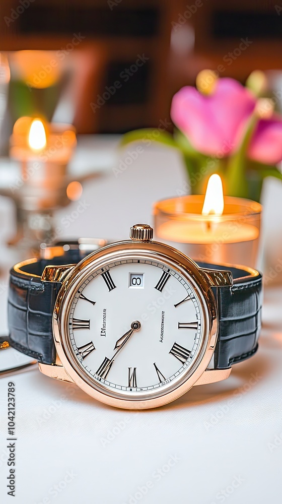 A luxurious golden watch elegantly displayed on a table amidst Roman-inspired decorations and softly glowing candles A luxurious golden watch elegantly displayed on a table amidst Roman-inspired decorations and softly glowing candles