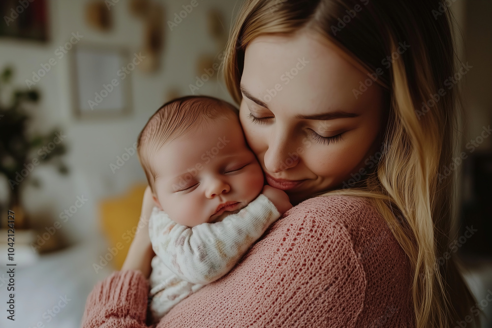 A mother lovingly cradles her sleeping newborn baby in a cozy indoor setting during a serene afternoon. Generative AI A mother lovingly cradles her sleeping newborn baby in a cozy indoor setting during a serene afternoon. Generative AI