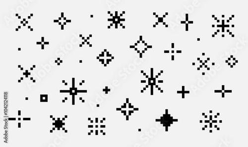 Pixel sparkling stars background. Pixel geometric star shape. Trendy modern retro 90s 8bit game style