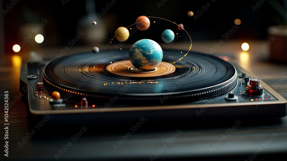 Cosmic Vinyl: A captivating 3D rendering of a turntable playing a record with a miniature solar system, evoking a sense of wonder and the harmony of the cosmos. Cosmic Vinyl: A captivating 3D rendering of a turntable playing a record with a miniature solar system, evoking a sense of wonder and the harmony of the cosmos.
