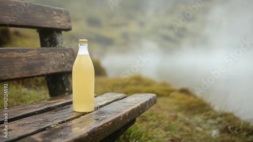 Refreshing beverage on a rustic wooden bench