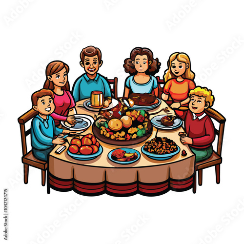 A cartoon illustration of a family gathered around a large table for a Thanksgiving dinner.