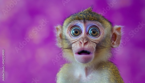 A surprised monkey gazes curiously at the viewer against a vibrant purple background, showcasing its expressive eyes and playful nature. photo