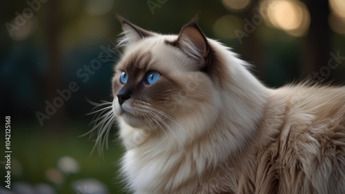 A longhaired cat with blue eyes looking off to the side, with a blurred green background. photo