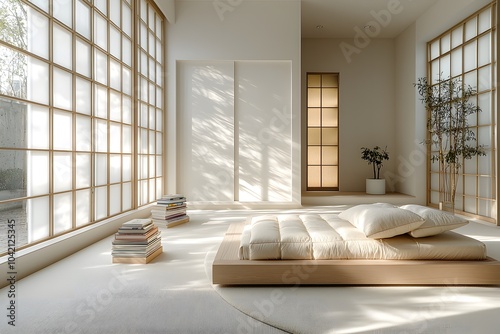 Serene zen bedroom with minimalist decor and natural light