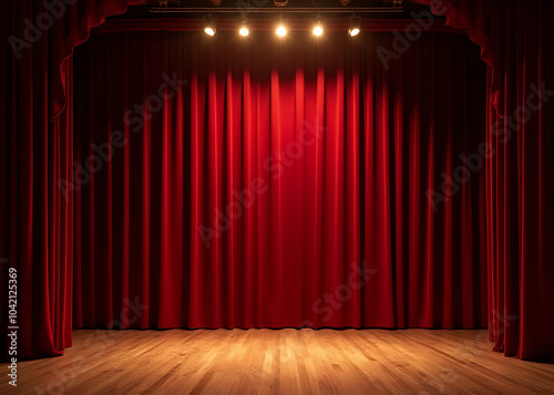 A grand theater stage with elegant red velvet curtains, polished wooden floors, and soft overhead lighting creating a warm glow.