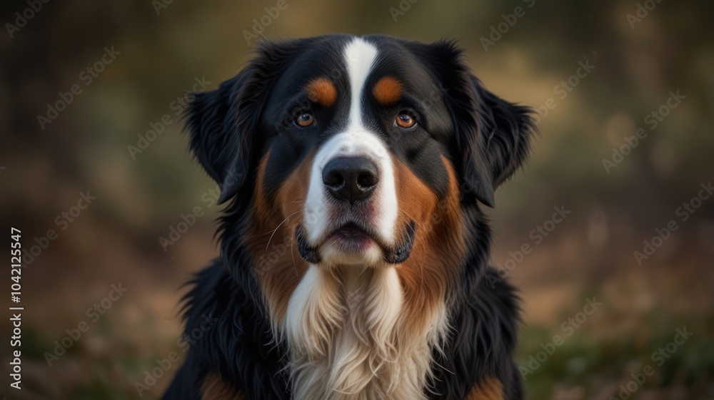 A Bernese Mountain Dog stares intently at the camera with a serious expression, its black, white, and brown fur standing out against a blurry background of brown and green foliage. A Bernese Mountain Dog stares intently at the camera with a serious expression, its black, white, and brown fur standing out against a blurry background of brown and green foliage.