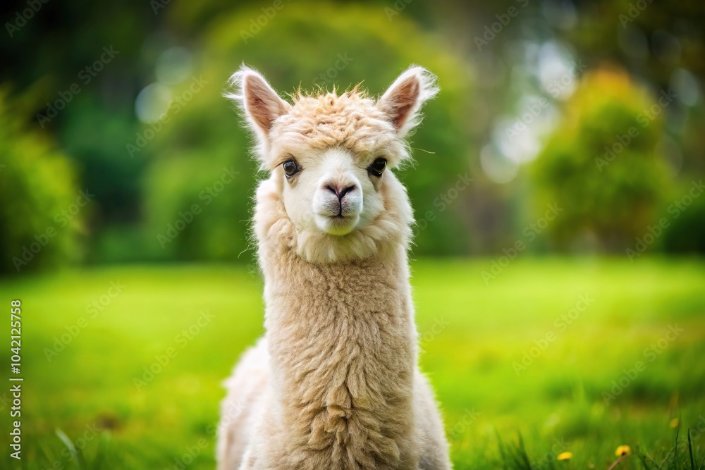 Fototapeta premium Cute alpaca standing on green grass with leading lines