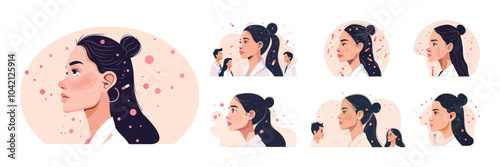 Cartoon facial dermatology vector concepts. Woman face close up skin problems, clinic treatment doctors derma care staff personnel behind, medicine cosmetology cleansing procedures scenes