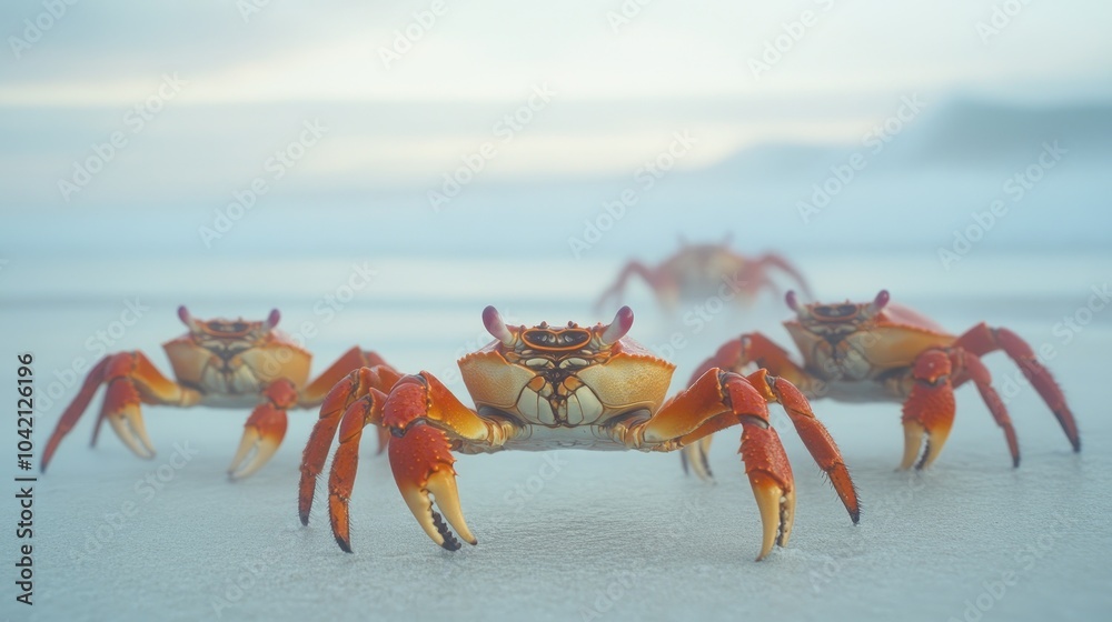 Colorful Crabs Walking on Sandy Beach at Sunset Colorful Crabs Walking on Sandy Beach at Sunset