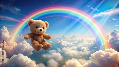 cute bear floating in the sky with rainbow cloud background high angle view