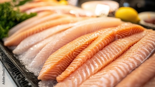 An assortment of fresh fish fillets, including snapper and cod, on a market stall.