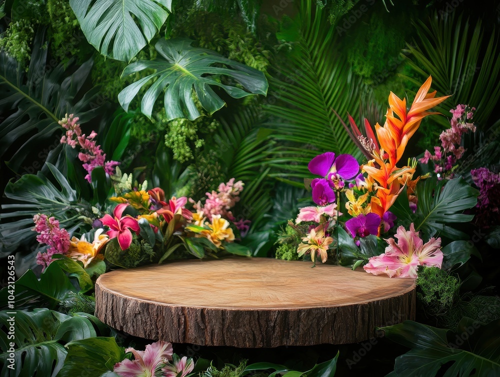 Fototapeta premium A vibrant display of tropical flowers surrounded by lush greenery on a wooden platform, creating a serene natural ambiance.