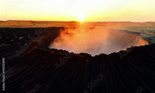 Tracking shot with warm, golden hour light: The camera starts by focusing on a close-up of a volcanic crater at sunset. It then tracks back to reveal the full extent of the crater and the surrounding 