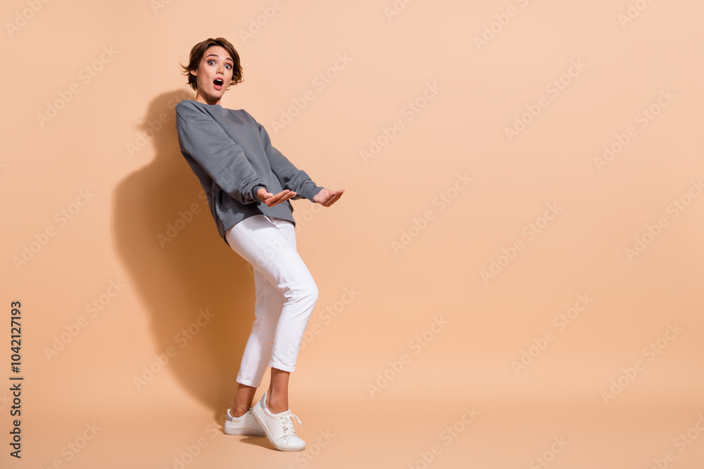 Full size photo of speechless woman dressed grey pullover hands hold invisible box empty space isolated on pastel color background Full size photo of speechless woman dressed grey pullover hands hold invisible box empty space isolated on pastel color background