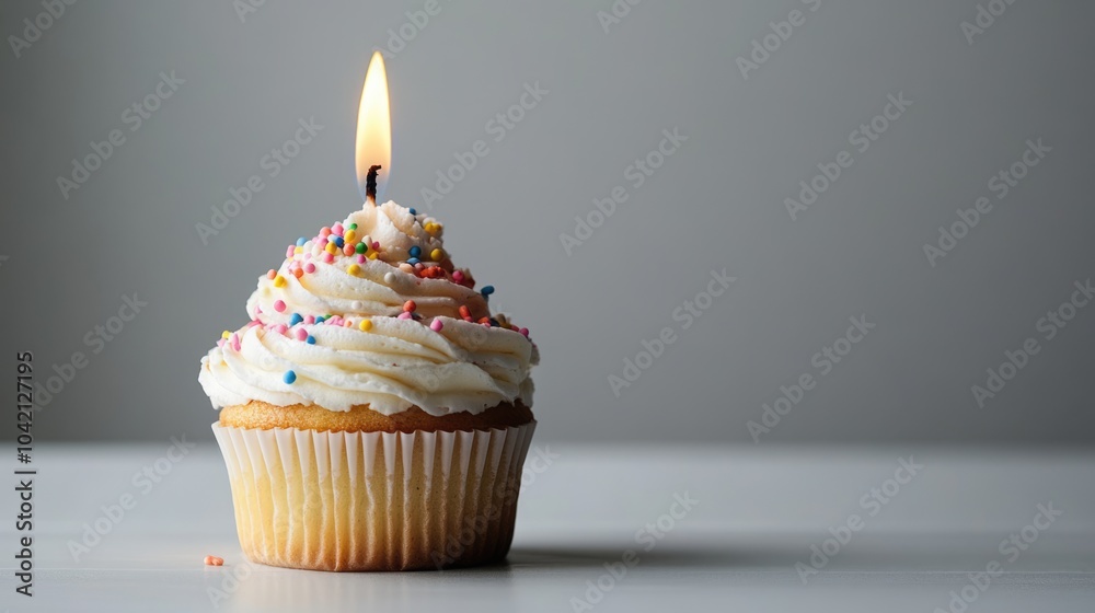 Creamy sprinkled cupcake with a burning candle on grey background with copy space. Sweet dessert for birthday party Creamy sprinkled cupcake with a burning candle on grey background with copy space. Sweet dessert for birthday party