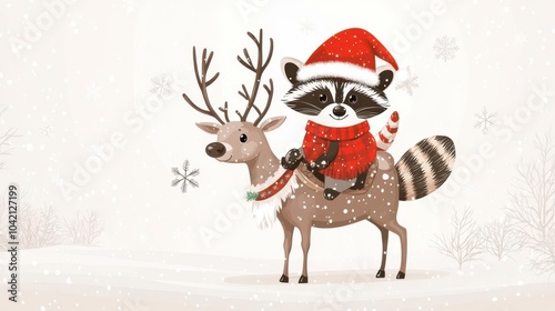 Playful raccoon with a Santa hat and scarf riding a reindeer photo