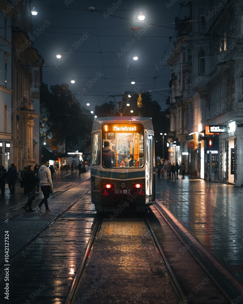 Fototapeta premium Night tram in Graz, Austria