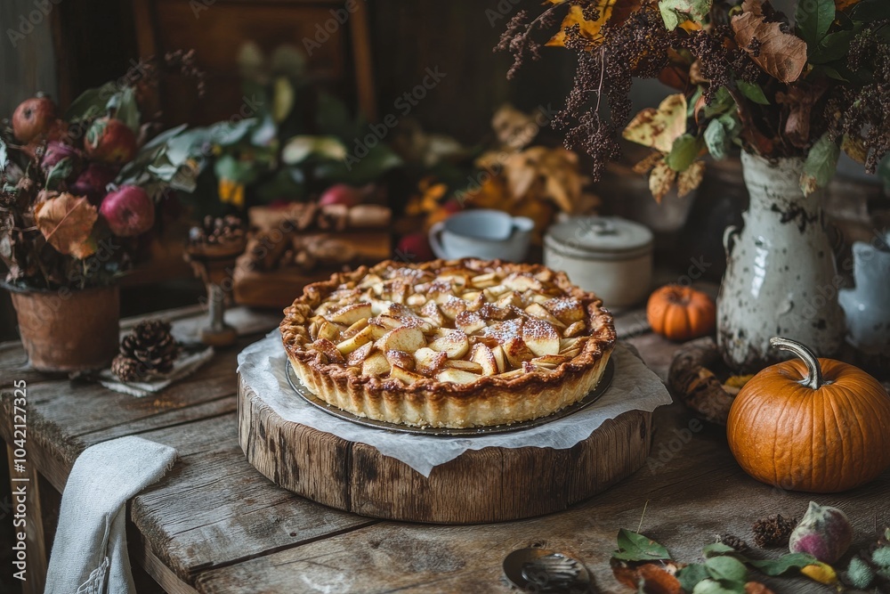 A rustic table displays a beautifully arranged apple pie surrounded by autumn decor, pumpkins, and dried flowers, creating a warm seasonal ambiance. A rustic table displays a beautifully arranged apple pie surrounded by autumn decor, pumpkins, and dried flowers, creating a warm seasonal ambiance.
