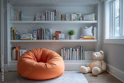Cozy children's reading nook with orange bean bag and teddy bear