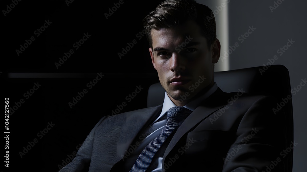 A young man in a suit sits in a chair, looking serious. A young man in a suit sits in a chair, looking serious.