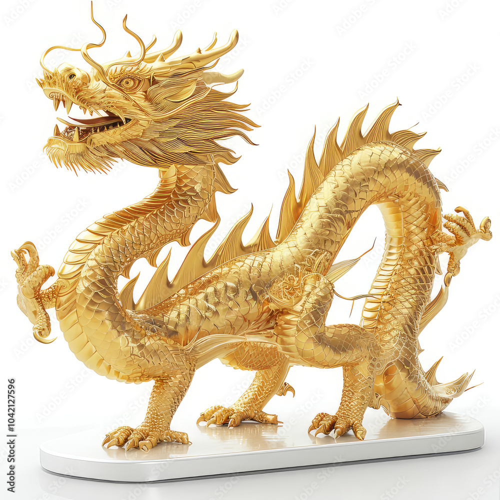 A majestic golden dragon sculpture isolated on white background, symbolizing power and prosperity, intricately designed with detailed scales and features. A majestic golden dragon sculpture isolated on white background, symbolizing power and prosperity, intricately designed with detailed scales and features.