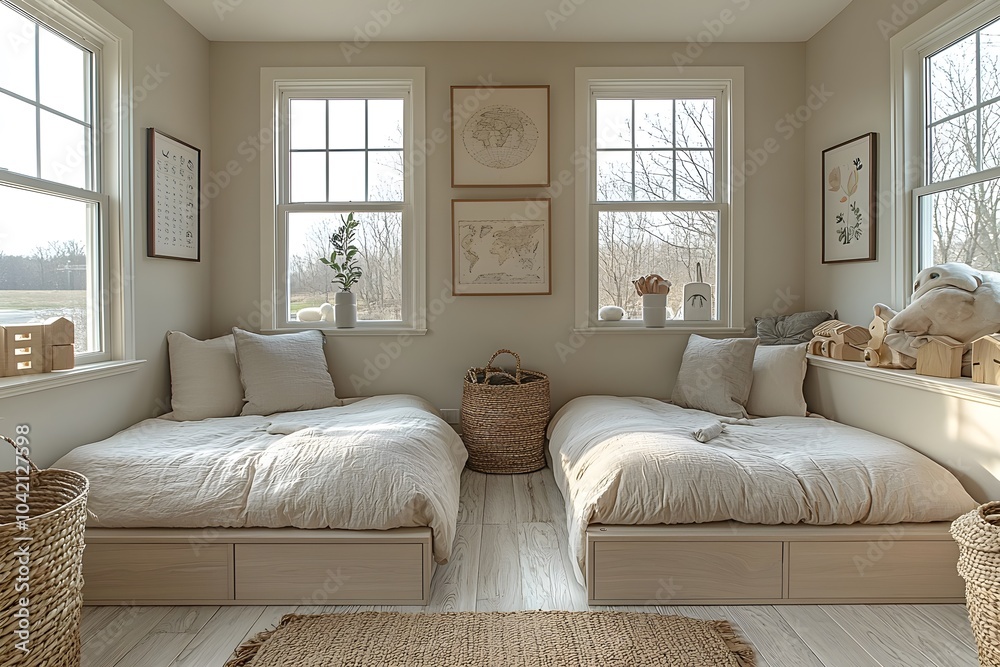 Cozy minimalist twin bedroom with earthy tones and natural light Cozy minimalist twin bedroom with earthy tones and natural light