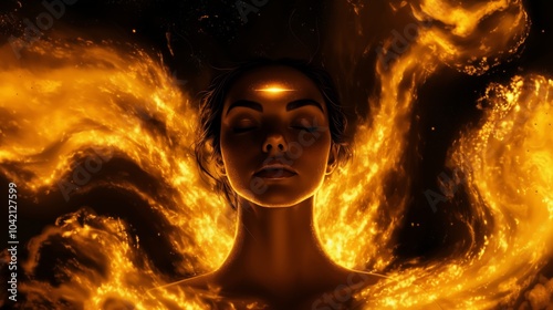Woman in Meditation Surrounded by Fiery Energy, Symbolizing Inner Power and Spiritual Awakening