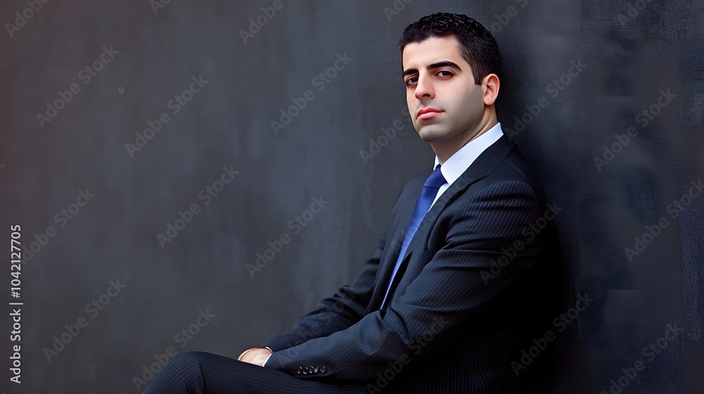 A young man in a suit sits against a wall, looking serious. A young man in a suit sits against a wall, looking serious.