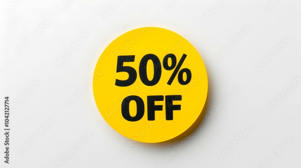 Black '50% OFF' Text on a Yellow Round Paper Note. White Background with Copy Space Black '50% OFF' Text on a Yellow Round Paper Note. White Background with Copy Space