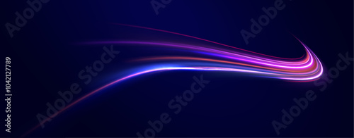 Light trail wave, fire path trace line, car lights, optic fiber and incandescence curve twirl. High speed road in night time abstraction. Sport car is made of polygons, lines and connected dots.