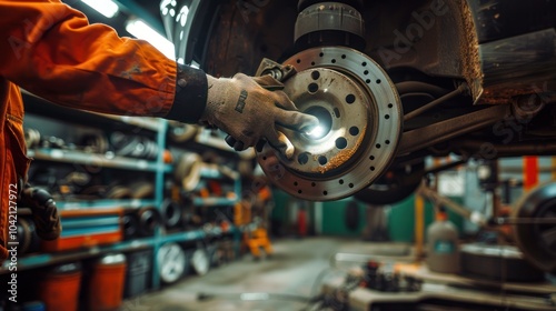 Mechanic inspecting car brake disc