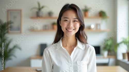 Smiling woman standing in a light-filled office with plants. Free Download Smiling woman standing in a light-filled office with plants. - GFXLoad