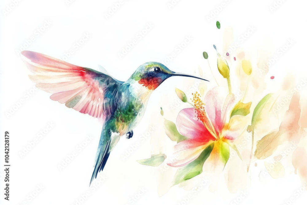 Obraz premium A hand-drawn watercolor illustration of a colorful hummingbird hovering over a flower, its feathers shimmering in shades of green, blue, and pink. This tropical bird is isolated against a white