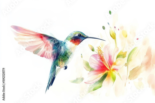 A hand-drawn watercolor illustration of a colorful hummingbird hovering over a flower, its feathers shimmering in shades of green, blue, and pink. This tropical bird is isolated against a white