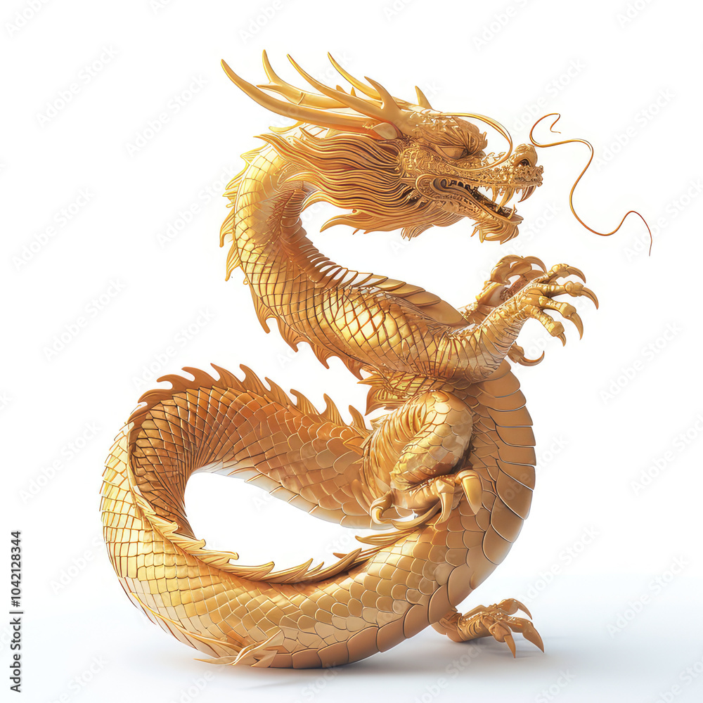 Obraz premium A majestic golden dragon coiled elegantly isolated on white background, showcasing intricate scales and a fierce expression, symbolizing power and wisdom.