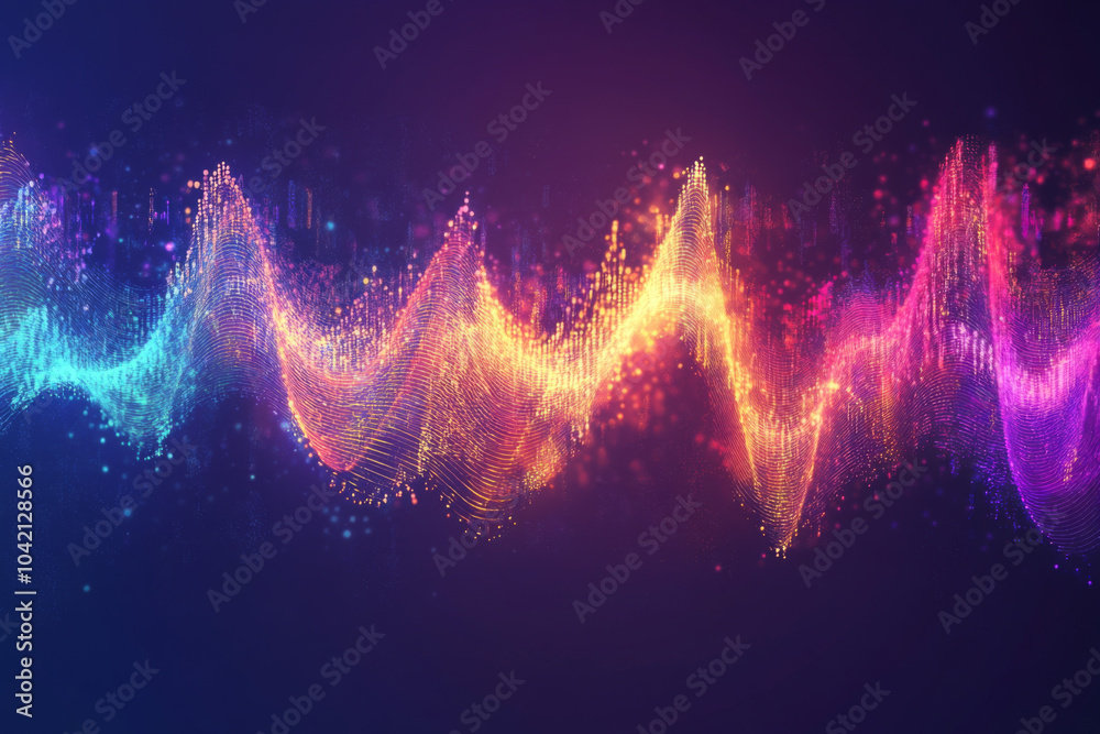 wave of colorful particles representing sound frequencies, blending shades of blue, pink, and purple against a dark background. wave of colorful particles representing sound frequencies, blending shades of blue, pink, and purple against a dark background.