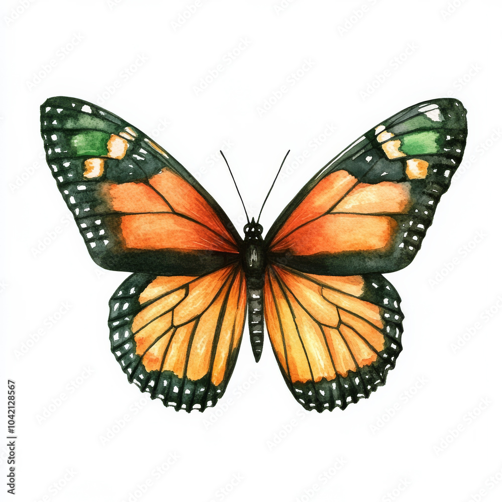 A monarch butterfly with vivid orange and deep green wings, accented with black, hand-painted in watercolor. This isolated illustration on a white background brings a fresh take on Halloween designs. A monarch butterfly with vivid orange and deep green wings, accented with black, hand-painted in watercolor. This isolated illustration on a white background brings a fresh take on Halloween designs.