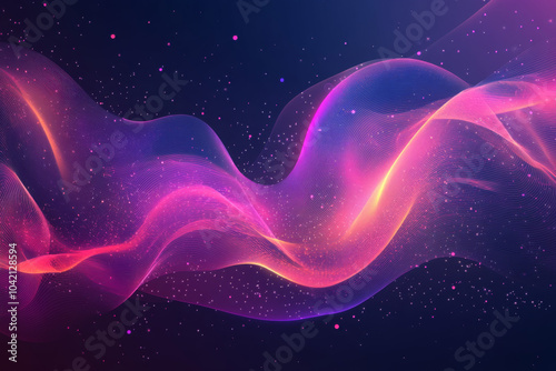 wave of colorful particles representing sound frequencies, blending shades of blue, pink, and purple against a dark background.