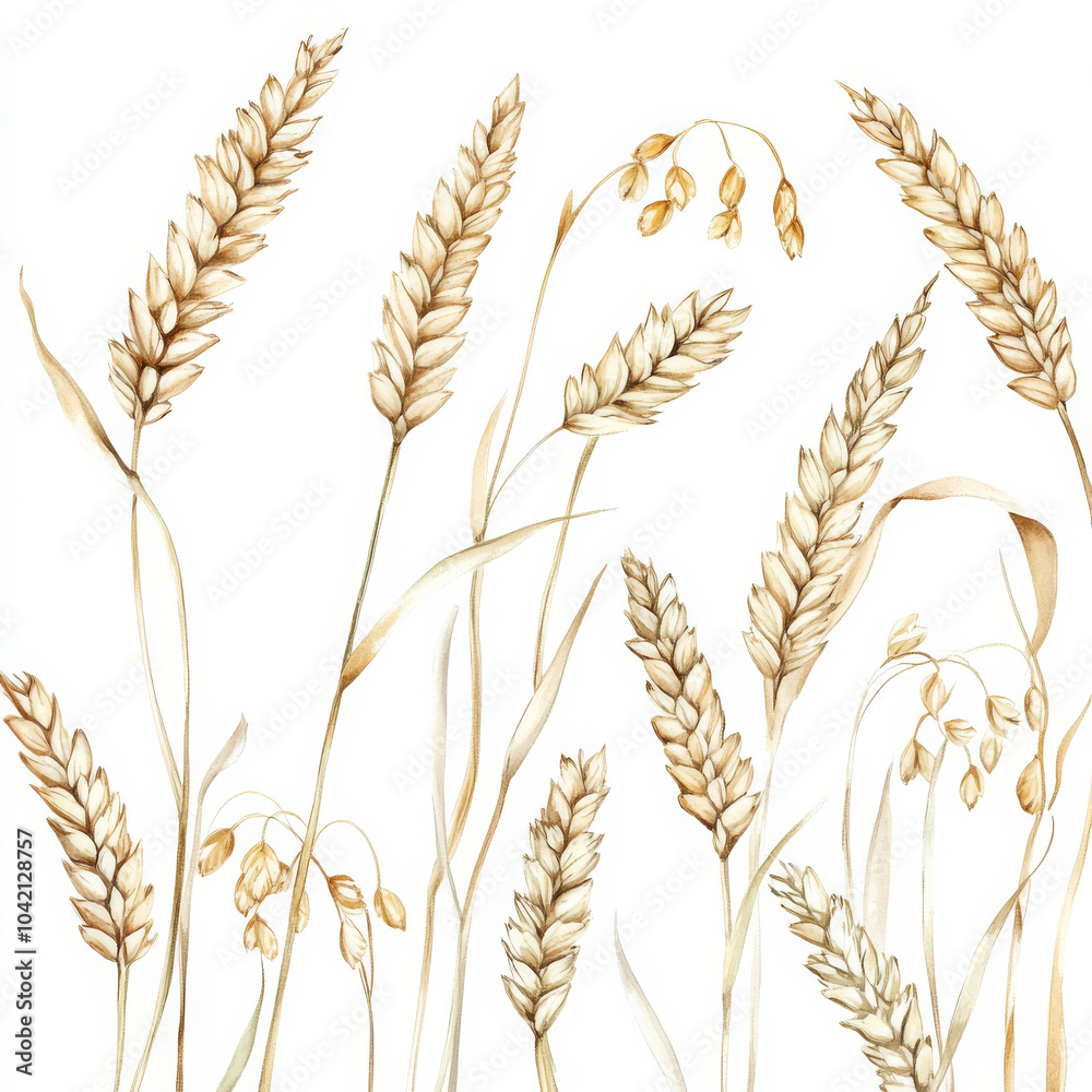 A beautiful set of watercolor wheat ears and oats, each plant meticulously illustrated with realistic details. The dry, golden stalks and seeds capture the essence of the harvest season, perfect for A beautiful set of watercolor wheat ears and oats, each plant meticulously illustrated with realistic details. The dry, golden stalks and seeds capture the essence of the harvest season, perfect for