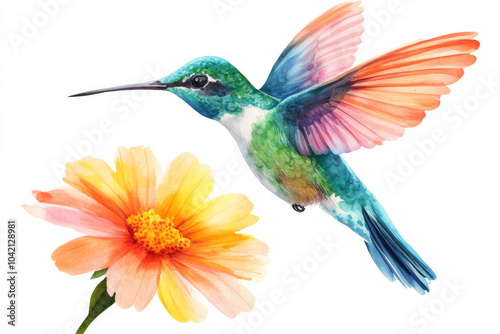 A hand-drawn watercolor illustration of a colorful hummingbird hovering over a flower, its feathers shimmering in shades of green, blue, and pink. This tropical bird is isolated against a white