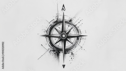 Black line tattoo of a compass with geometric detailing, bold and sharp against a white background.