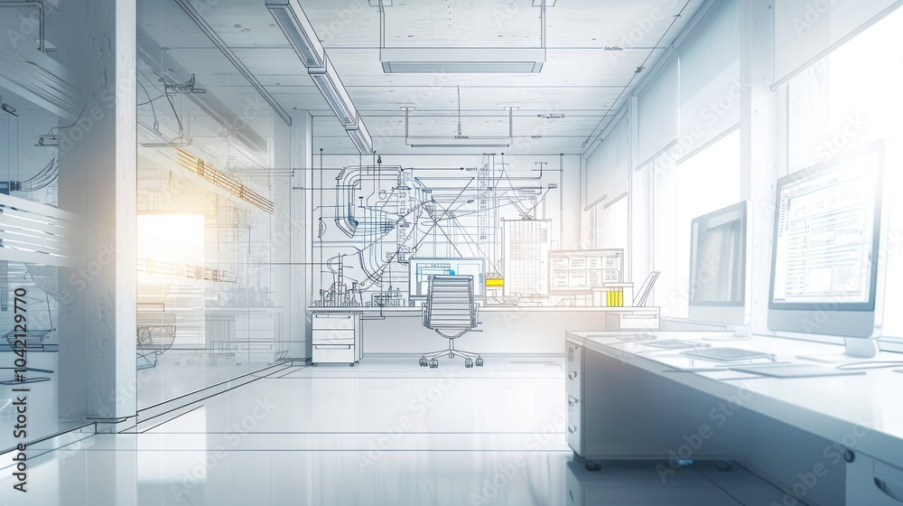 Modern Office Interior with Blueprint Overlap Modern Office Interior with Blueprint Overlap