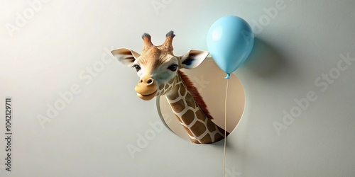 Cute giraffe with balloon peeking through paper wall silhouette photo