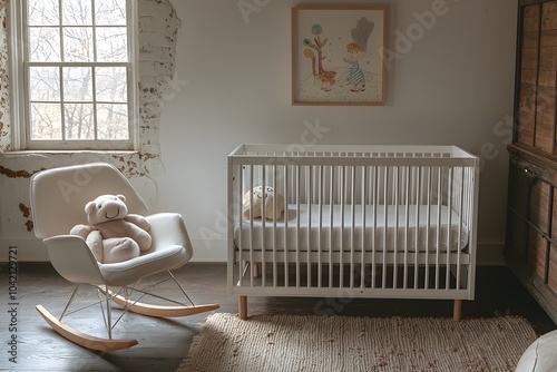 Cozy nursery interior with white crib and vintage decor for a serene baby room photo