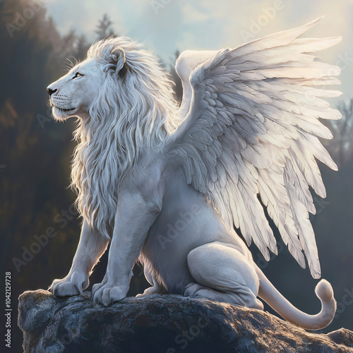 Majestic Winged White Lion Resting on Rocky Cliff in Fantasy Setting

